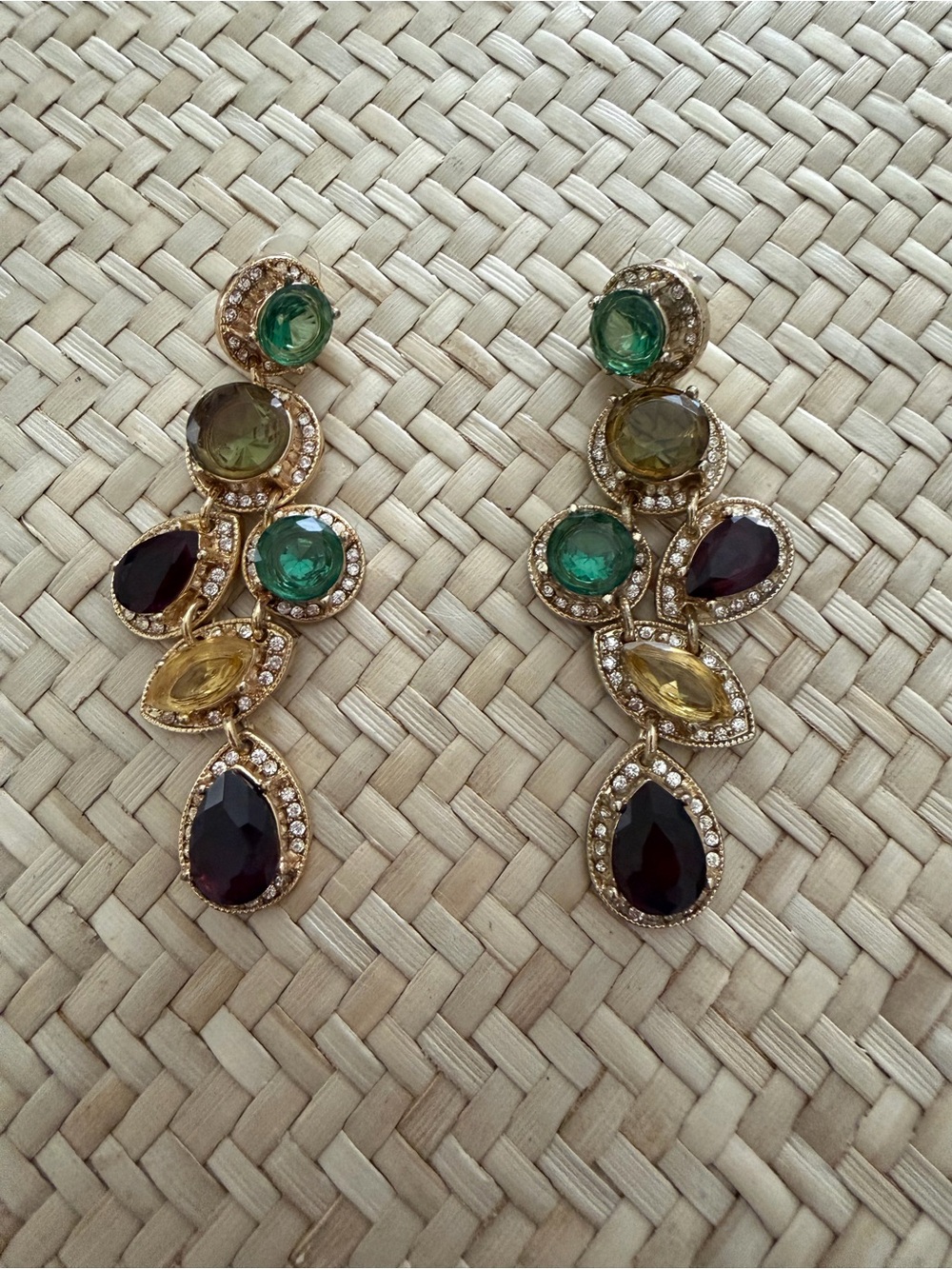 BCBGMaxAzria Gold-Tone Drop Earrings with Green, Yellow and Deep Red Stones